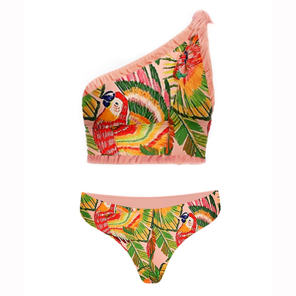 Bikini vintage monospalla con stampa e gonna con frange | ULZZANG BELLA