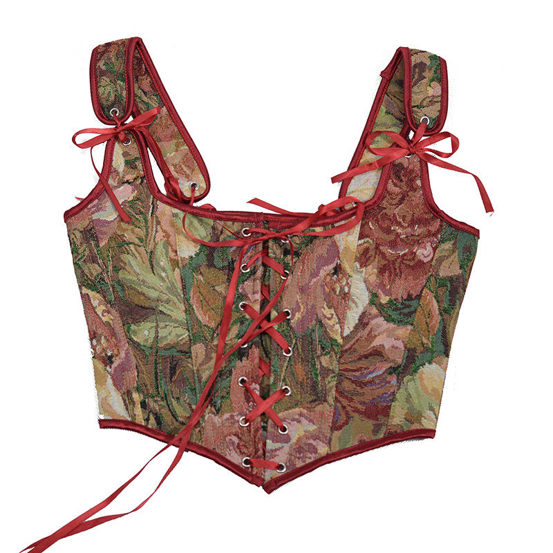 French Bandage Waist-Sculpting V-Neck Embroidered Layered Vest in Peony | ULZZANG BELLA