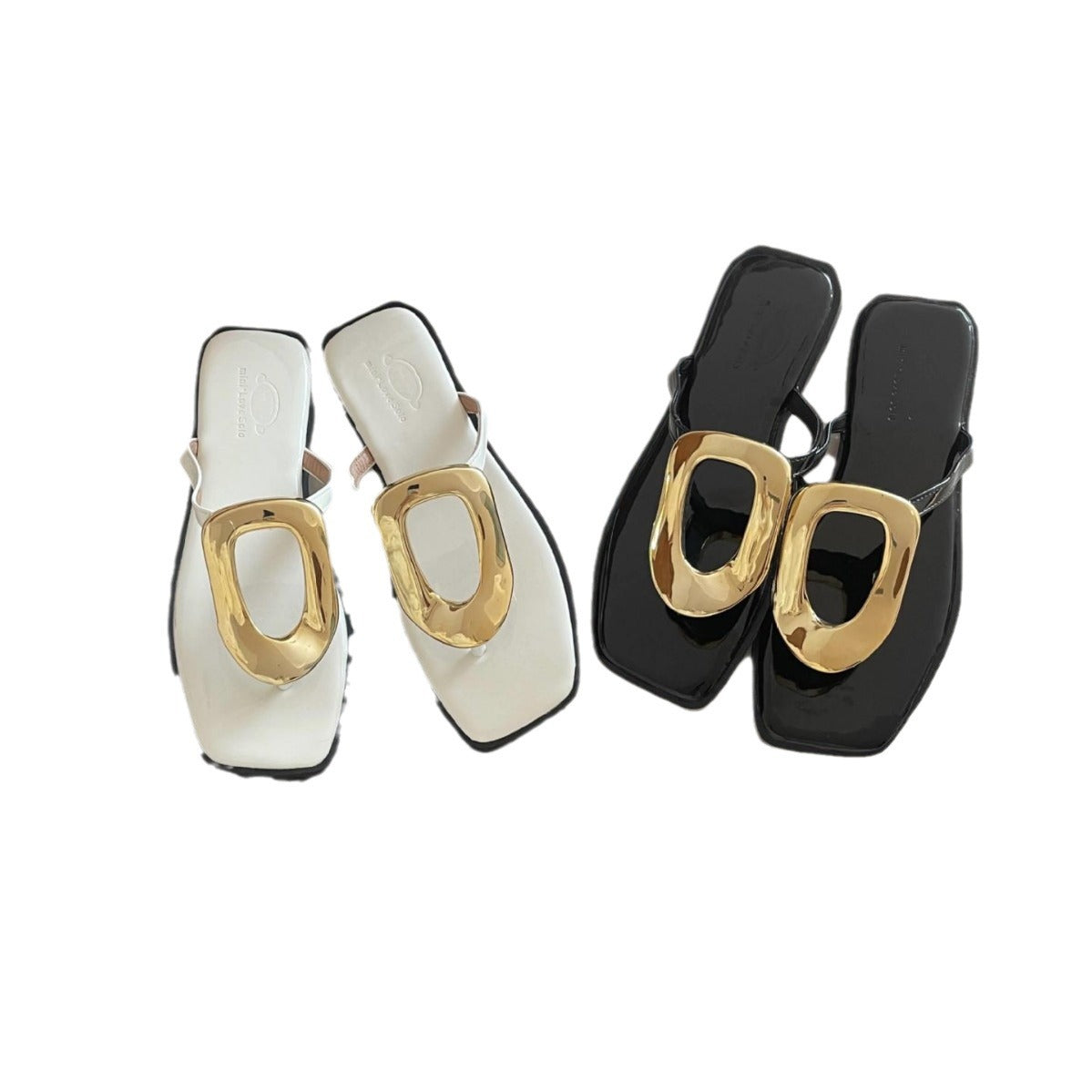 Luxe Square Metal Buckle Flip Flops for Effortless Elegance | ULZZANG BELLA