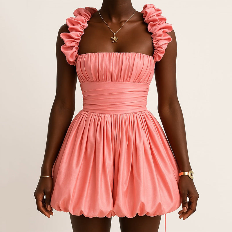 Chic Pink Off-the-Shoulder Pleated Bubble Dress | ULZZANG BELLA