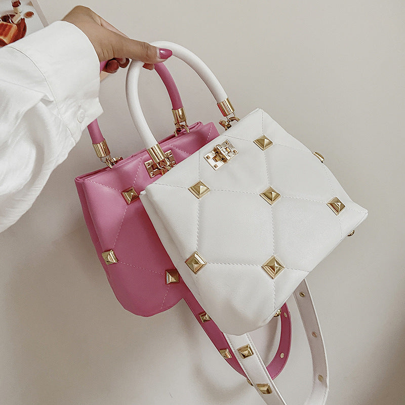 Rivet-Embellished Diagonal Crossbody Bucket Bag | ULZZANG BELLA