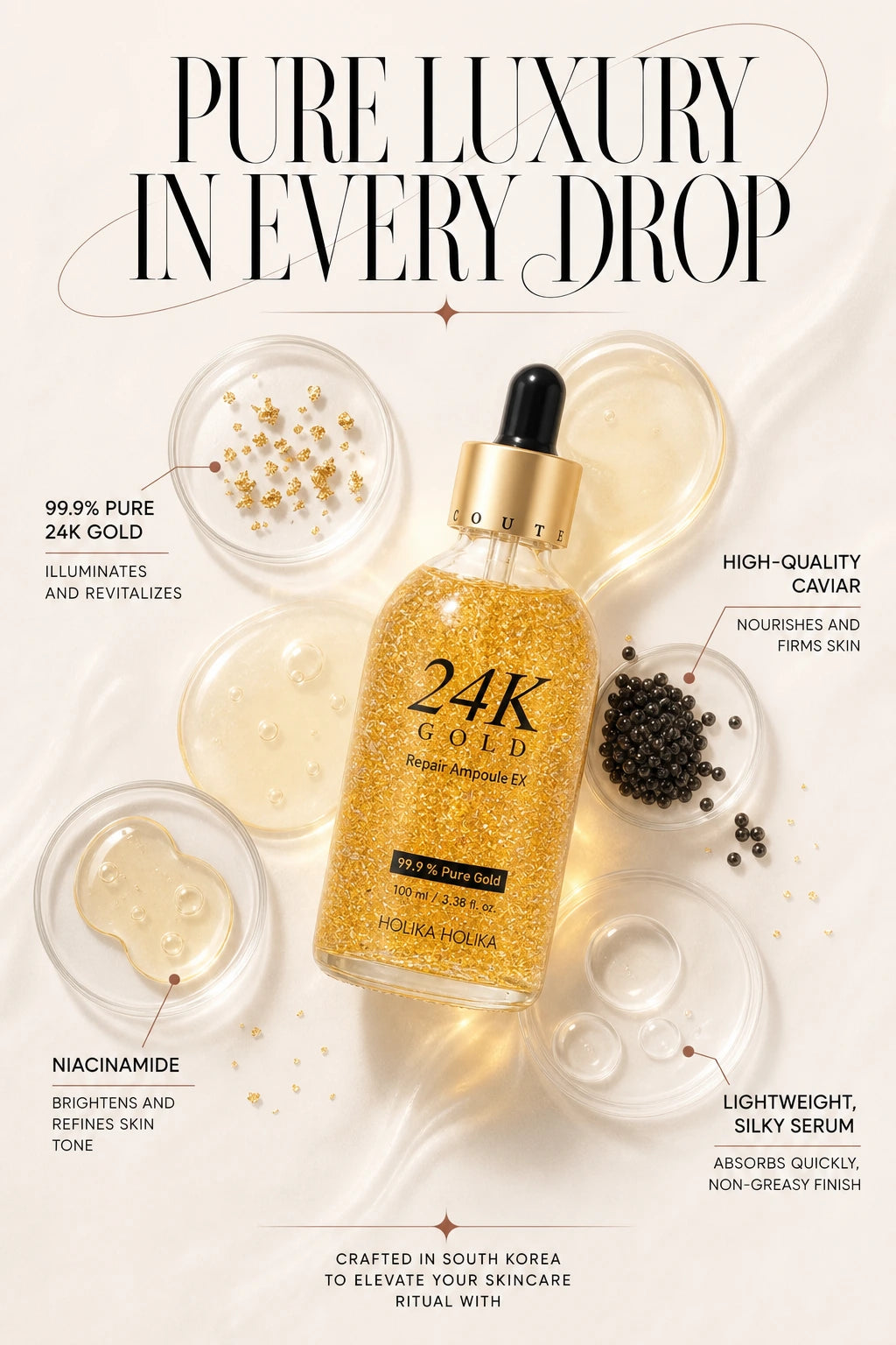 24K Gold & Caviar Radiance Repair Ampoule | HOLIKA HOLIKA | HOLIKA HOLIKA 24K Gold Ampoule - Couture Anti-Aging Serum