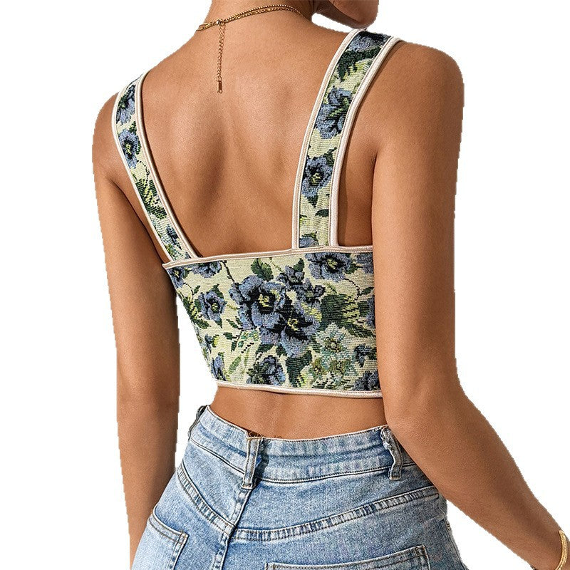 Floral Elegance Zip Tie Vest Top in Olive Green | ULZZANG BELLA