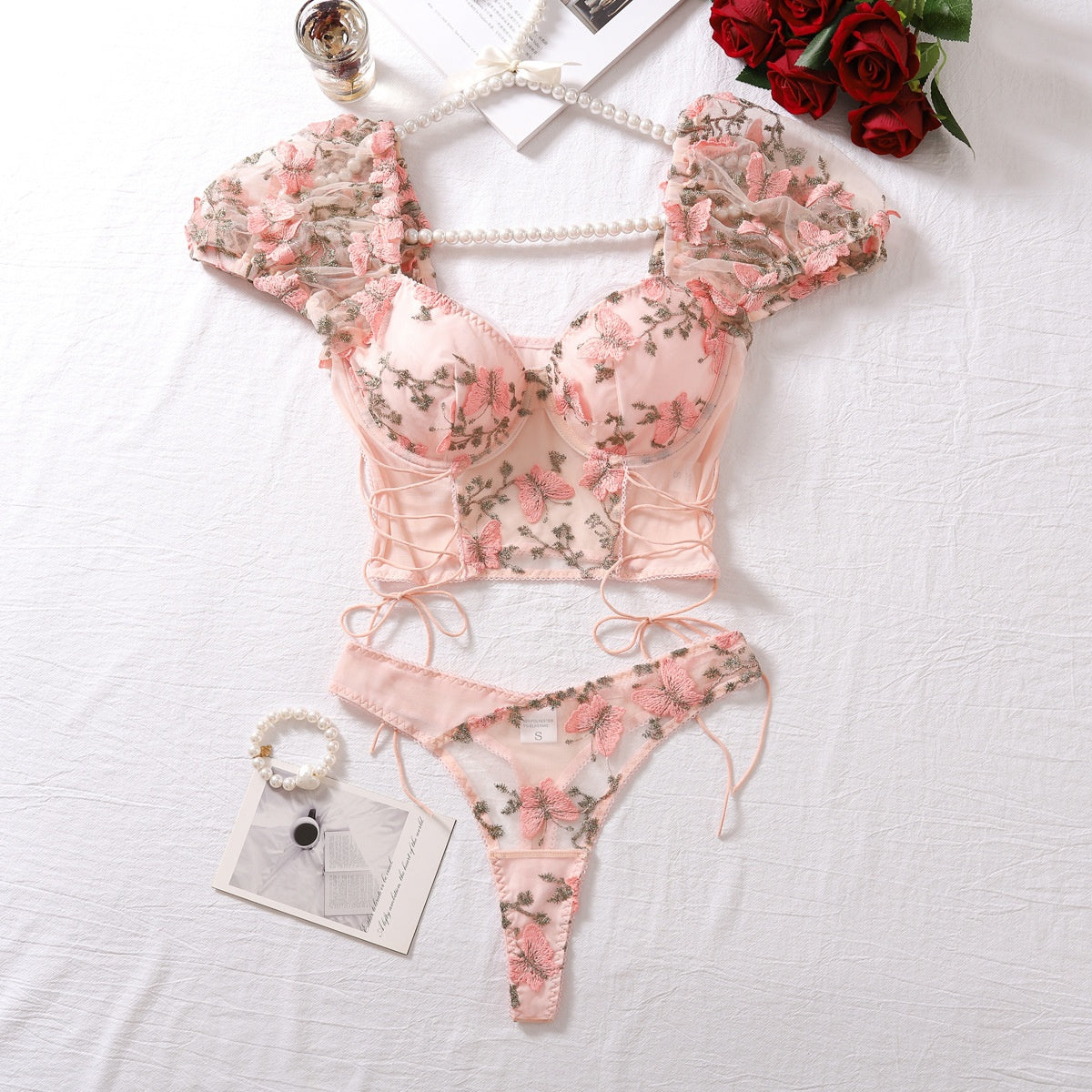 Chic Floral Embroidery Patchwork Bubble Sleeve Two-Piece Set | ULZZANG BELLA