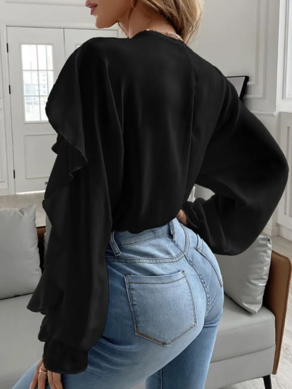Elegant Ruffled V-Neck Blouse with Flounce Sleeves | ULZZANG BELLA