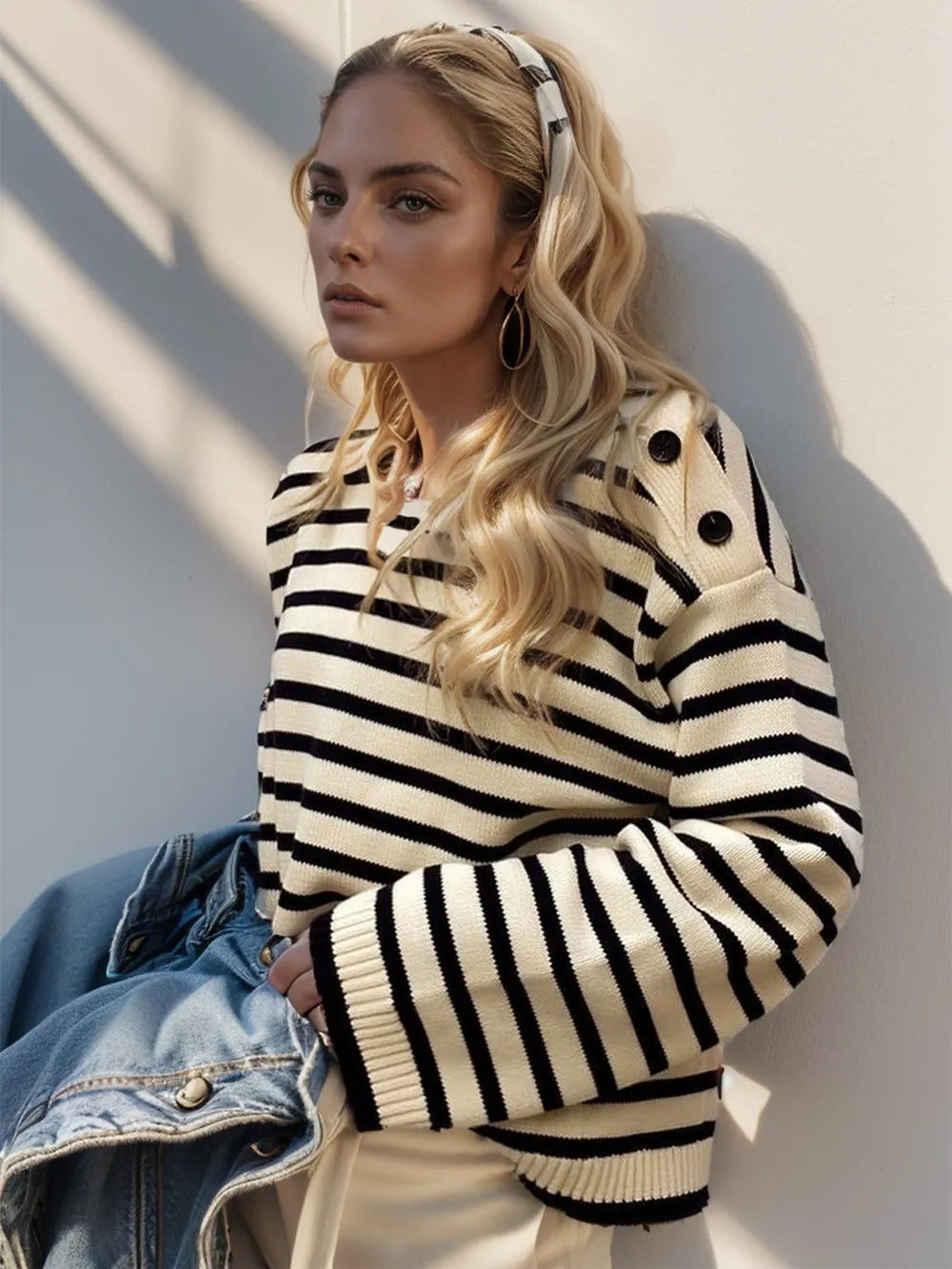 Chic Striped Knit Top with Elegant Button Detail | ULZZANG BELLA