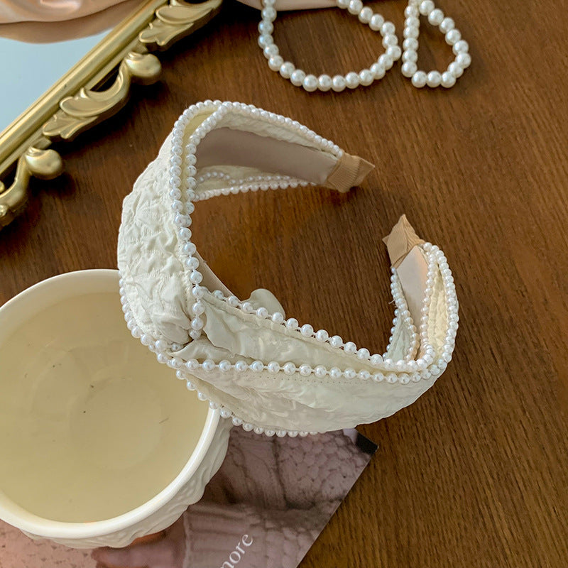 Elegant Pearl Bow Hair Bundle Headband in Milk White | ULZZANG BELLA