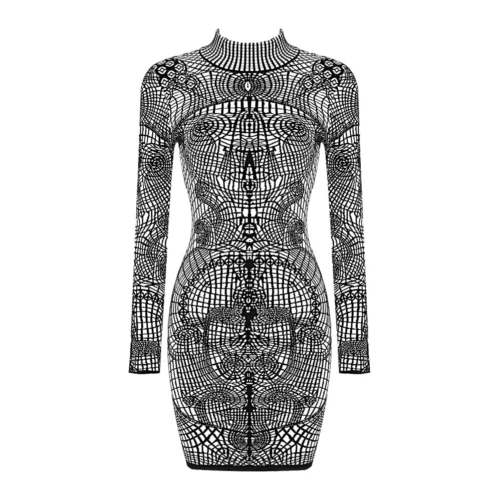 Elegantly Chic Stand Collar Long Sleeve Animal Print Dress | ULZZANG BELLA