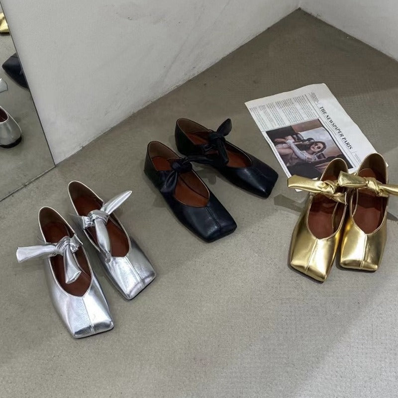 Chaussures plates élégantes Mary Jane argentées luxueuses | ULZZANG BELLA