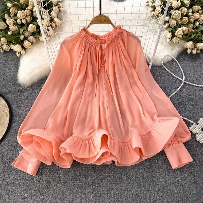 Chic Spring Autumn Ruffled Chiffon Blouse with O-neck | ULZZANG BELLA