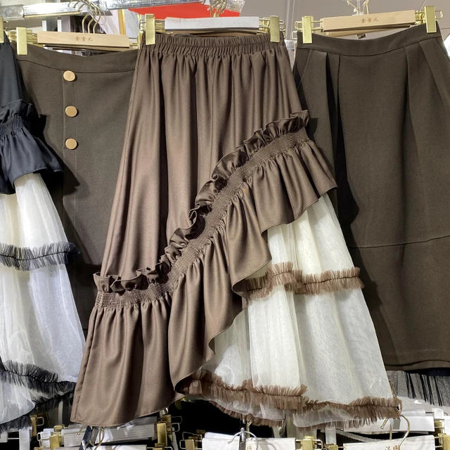 Irregular Mesh Splicing Pompadour Skirt for Autumn Elegance | ULZZANG BELLA