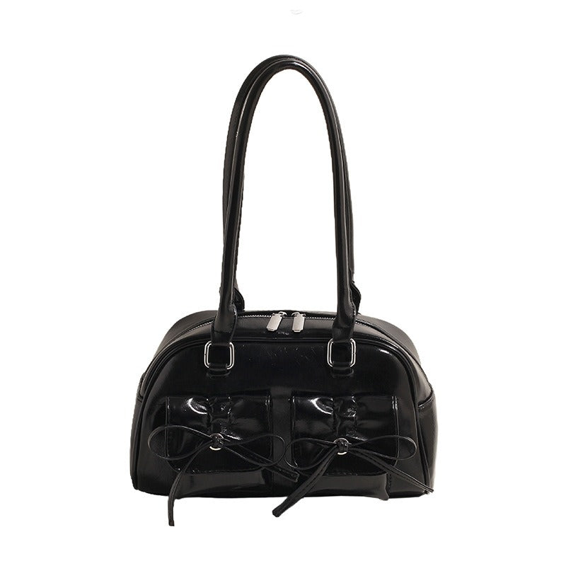 Elegant Baguette Shoulder Bag with Bow Accent | ULZZANG BELLA
