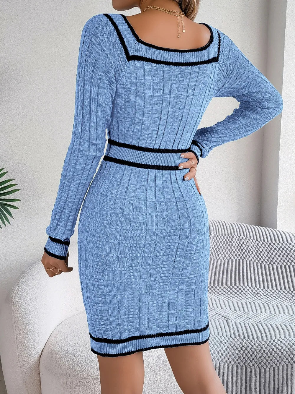 Contrast Trim Long Sleeve Midi Sweater Dress | ULZZANG BELLA