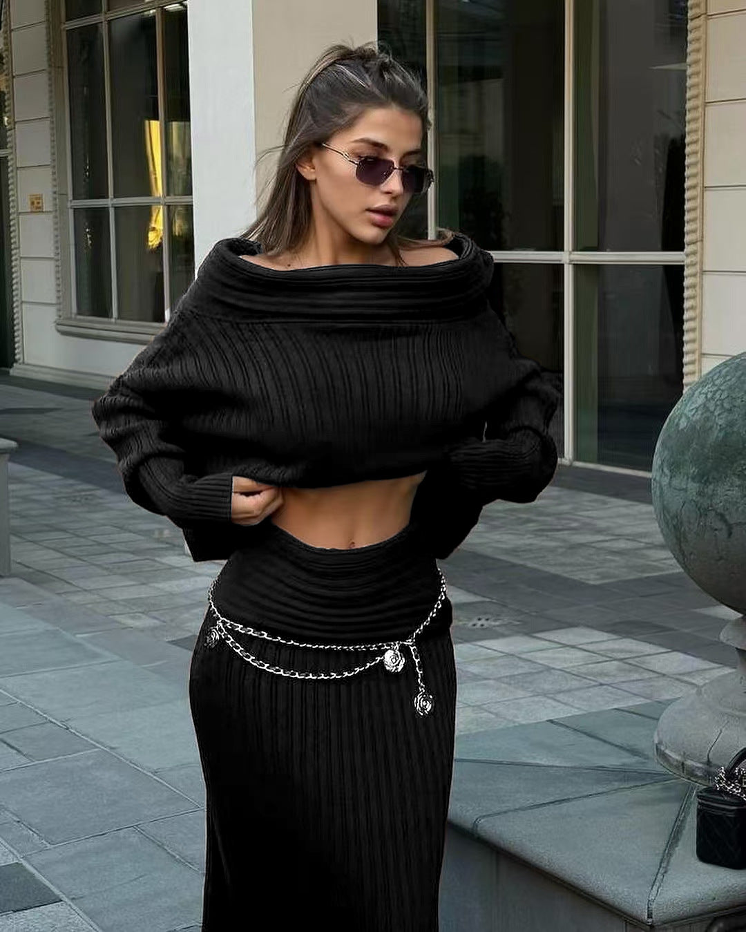 Elegant Off Shoulder Sweater Pullover and Long Skirt Set | ULZZANG BELLA