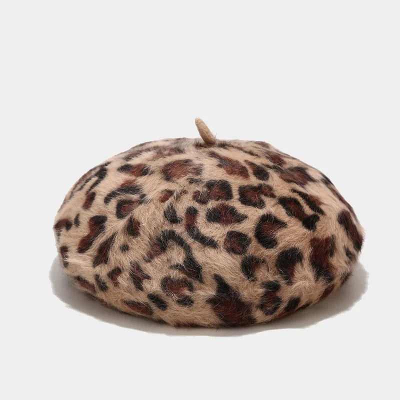 Luxurious Leopard Print Rabbit Fur Buckle Beret Hat for Women | ULZZANG BELLA