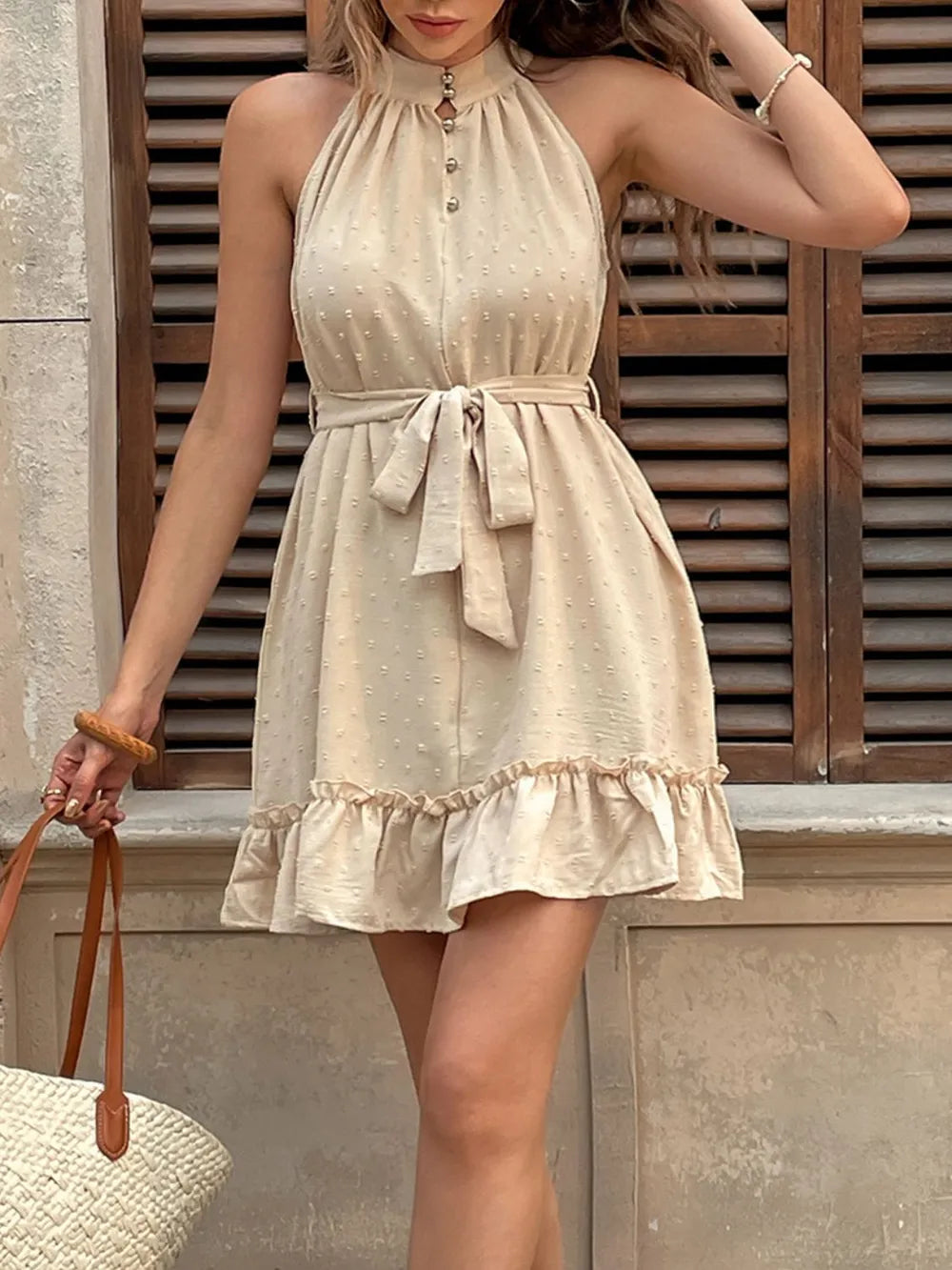 Perfee Tan Swiss Dot Ruffled Halter Mini Dress | ULZZANG BELLA