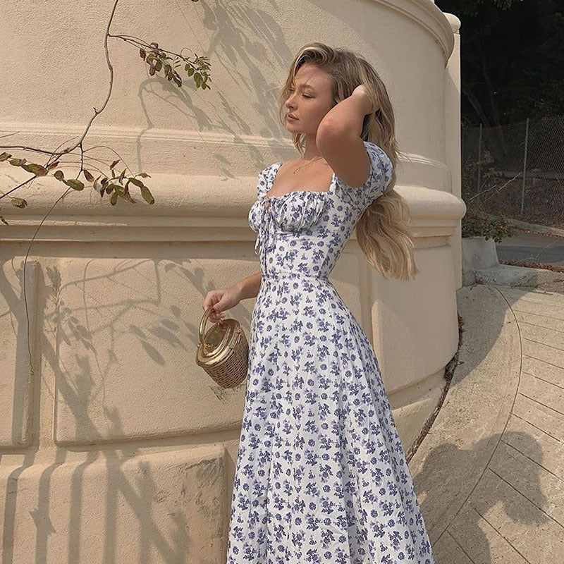 Women's Square Neck Puff Sleeve French Floral Dress Fishbone Large Skirt Holiday Tea Break Skirt