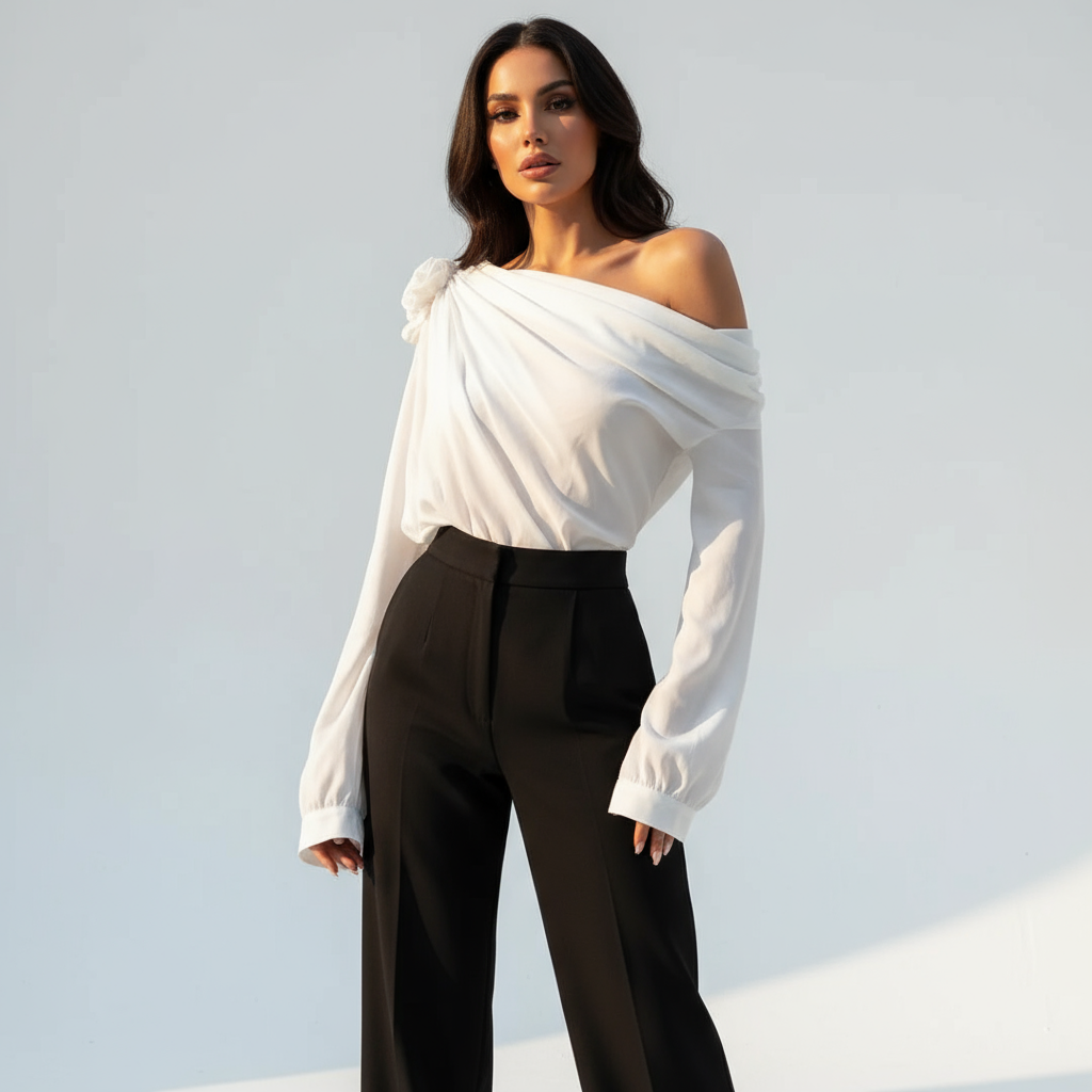 Chic Slant Shoulder Chiffon Shirt | ULZZANG BELLA