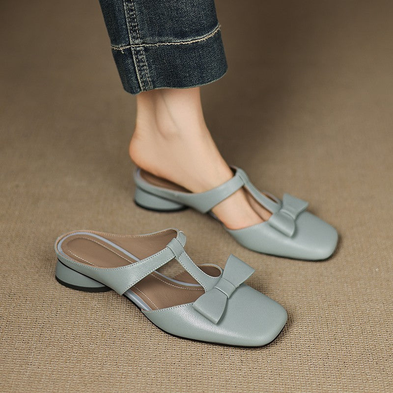 French T-Strap Bowknot Open-Toe Half Slippers | ULZZANG BELLA