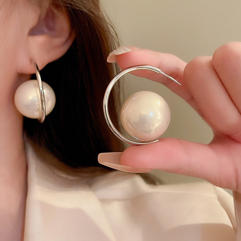 Korean Design Large Round Pearl Earrings for Women | ULZZANG BELLA