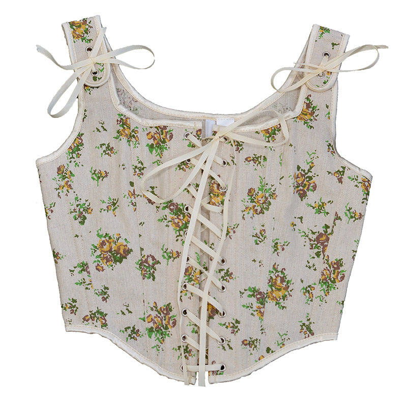 French Lace-Up Corset in Yellow Rose Print | ULZZANG BELLA