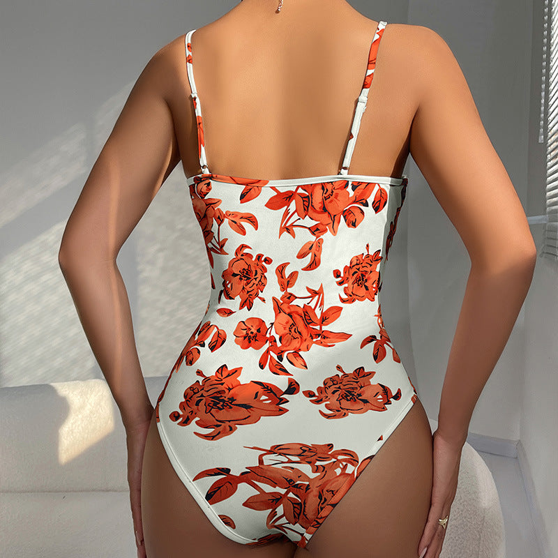 Elegant Orange Strap Print One-Piece Jumpsuit | ULZZANG BELLA