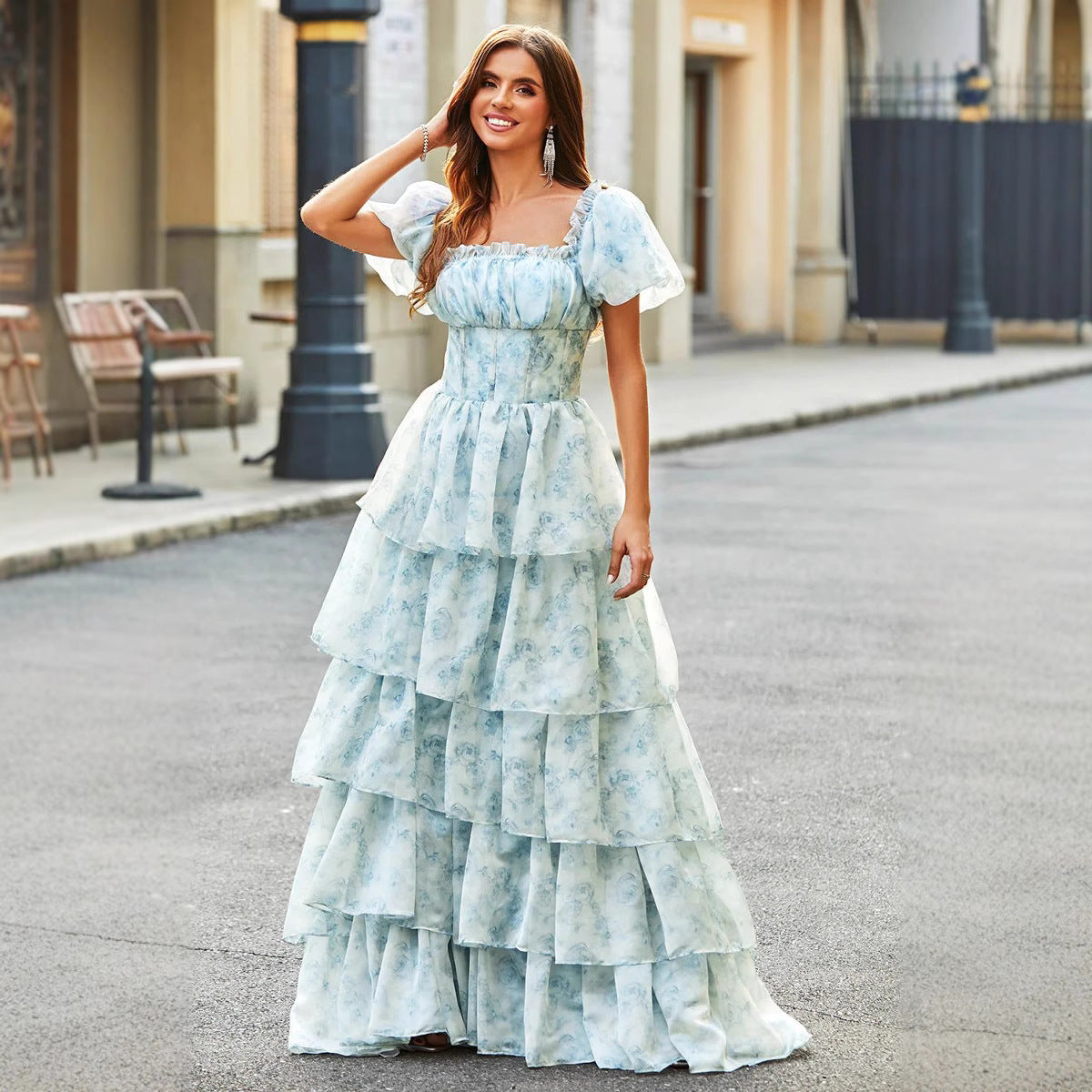 Enchanted Floral Tie-Waist Dress with Bubble Sleeves | ULZZANG BELLA