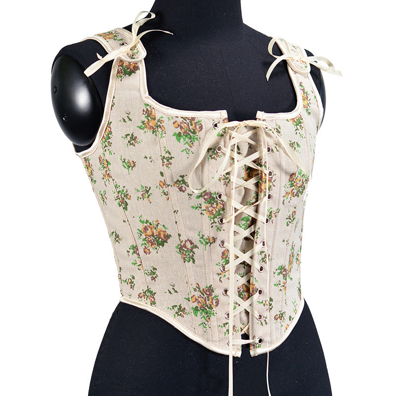 French Lace-Up Corset in Yellow Rose Print | ULZZANG BELLA