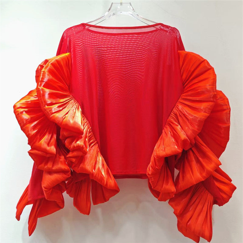 Ruffled Long Sleeve Mesh Top with Irregular Hem | ULZZANG BELLA