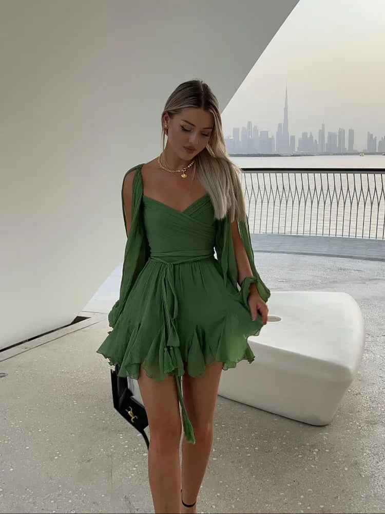 Mini abito verde chic a vita alta con lacci e plissettature | ULZZANG BELLA