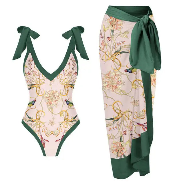 Vintage Print Deep V One-Piece Swimsuit with Chiffon Kimono Cover-Up | ULZZANG BELLA