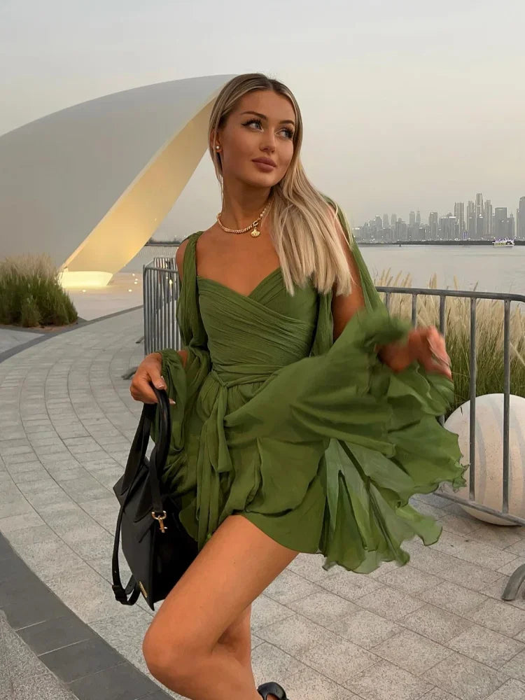Mini abito verde chic a vita alta con lacci e plissettature | ULZZANG BELLA