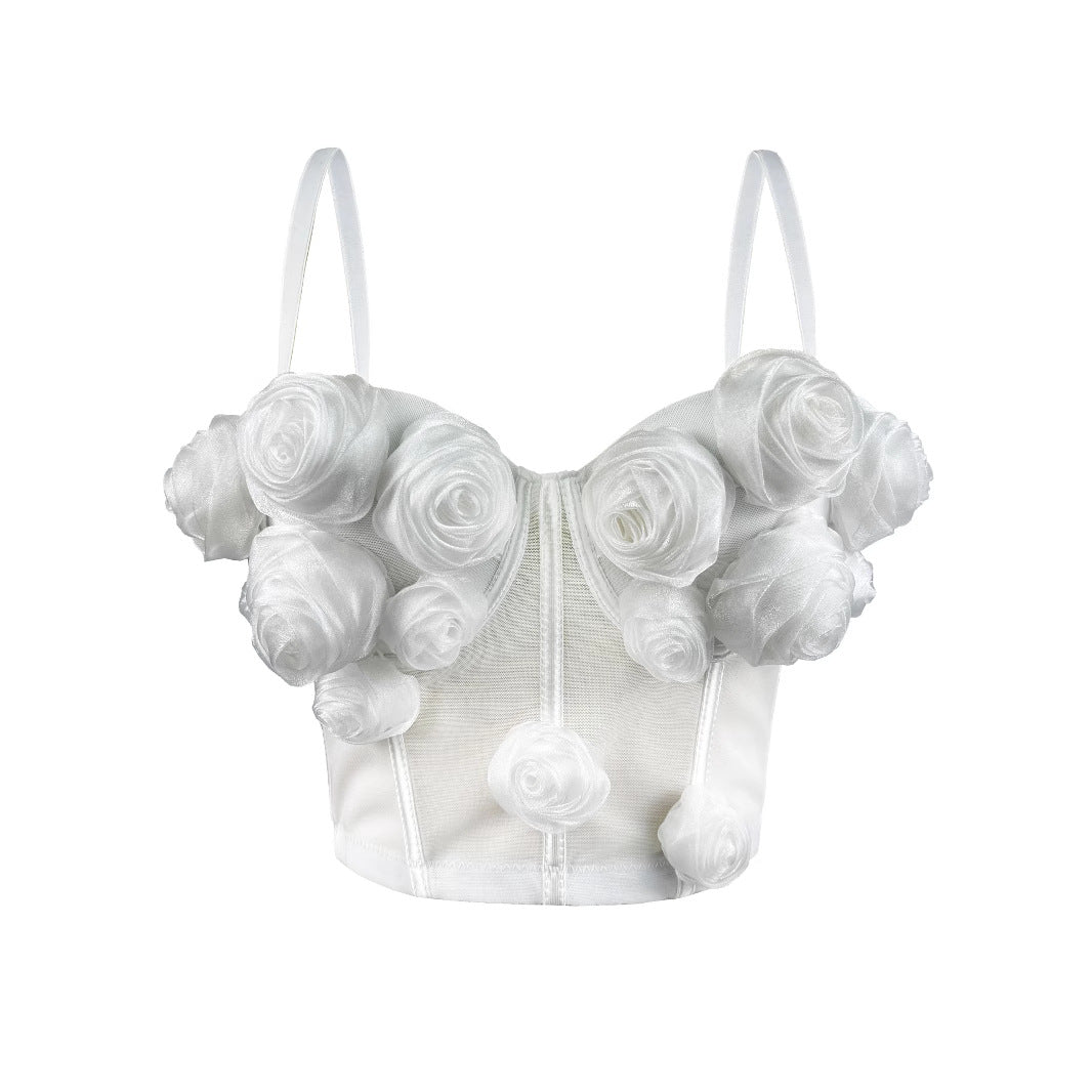 Top bustier senza spalline con motivo floreale 3D in lussuosa rete | ULZZANG BELLA