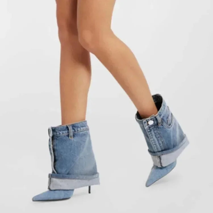 Elegant Pointed Toe High Heel Denim Cowboy Boots | ULZZANG BELLA