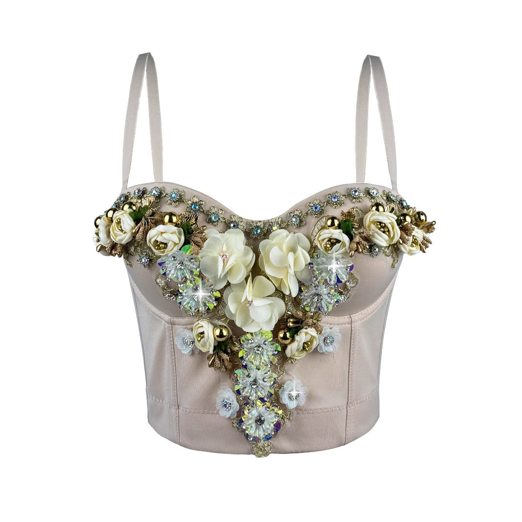 Chic Rhinestone Floral Corset Top with Detachable Straps | ULZZANG BELLA