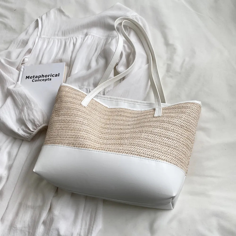 Elegante borsa tote con tracolla in pelle intrecciata in paglia | ULZZANG BELLA