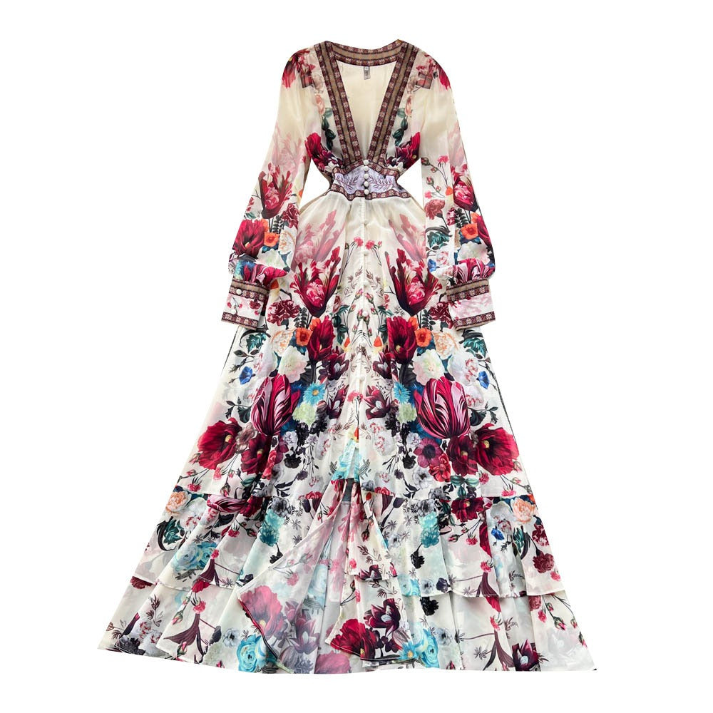Elegant French Palace Chiffon A-Line Long Dress in Vintage Print | ULZZANG BELLA