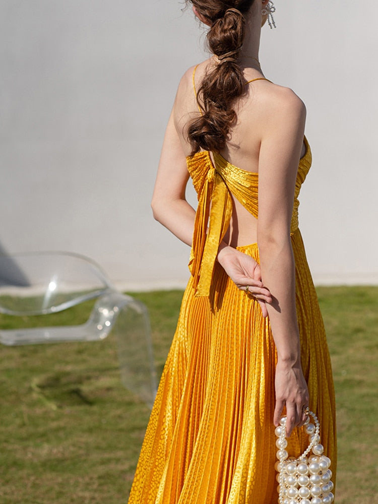 Elegante gonna a pieghe con bretelle alla francese per le feste estive | ULZZANG BELLA