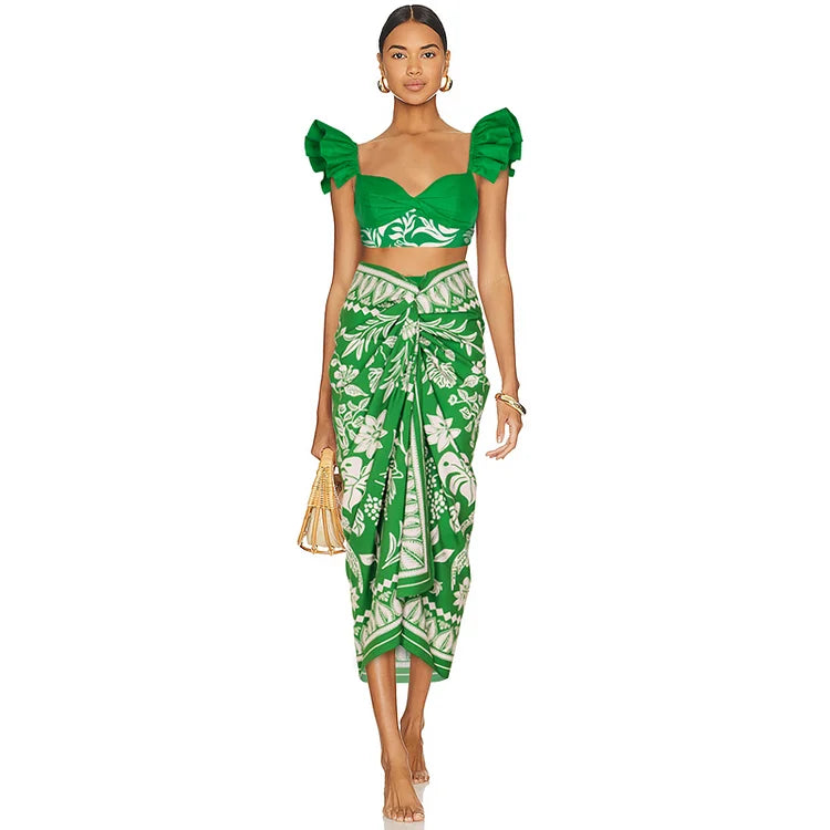 Costume da bagno bikini verde con volant chic per l'elegante dea della spiaggia | ULZZANG BELLA