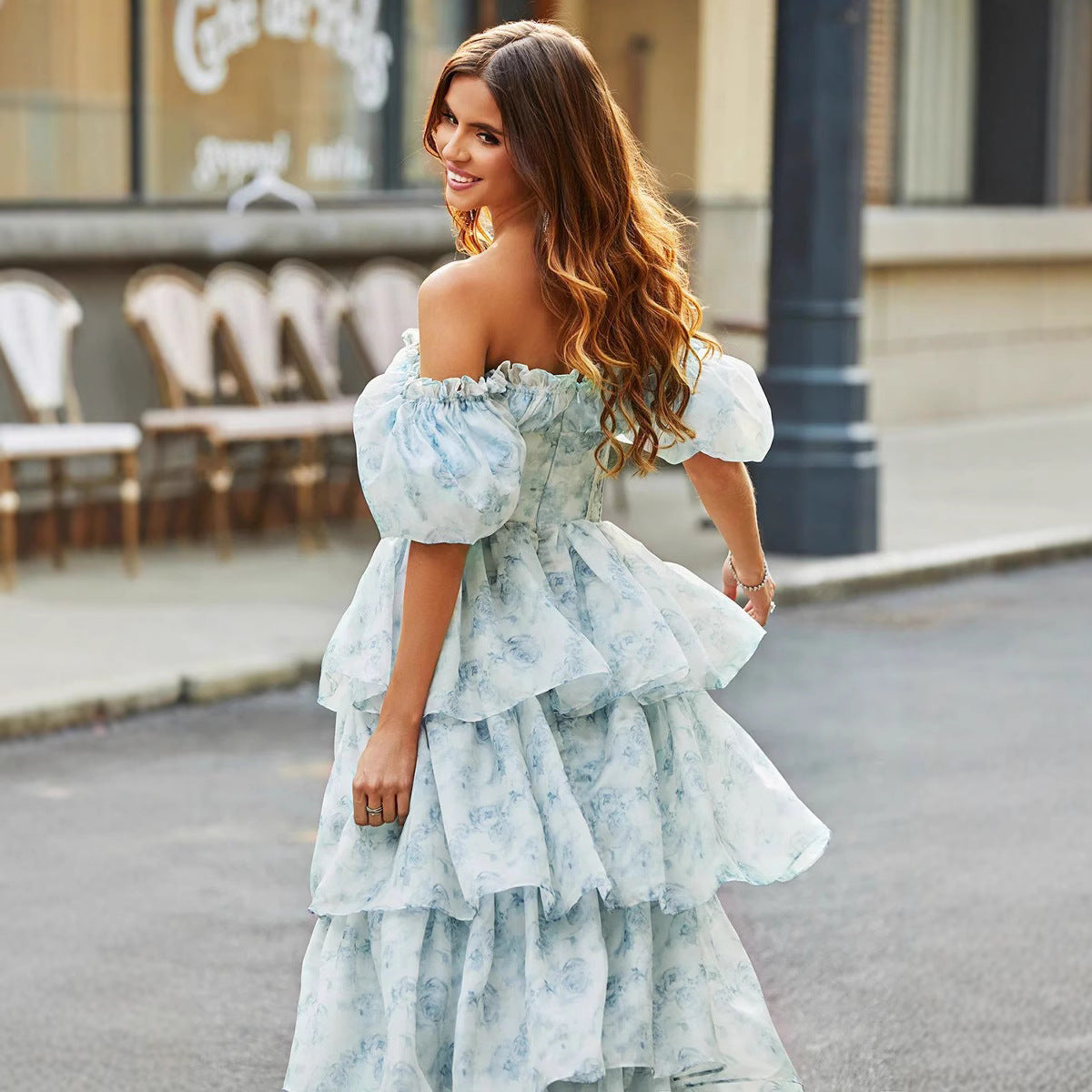 Enchanted Floral Tie-Waist Dress with Bubble Sleeves | ULZZANG BELLA