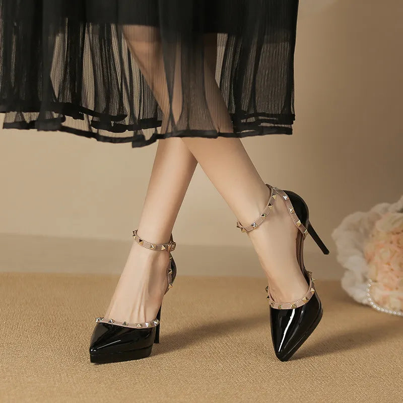 Exquisite Patent Leather Rivet Ankle Strap Stiletto Pumps | ULZZANG BELLA