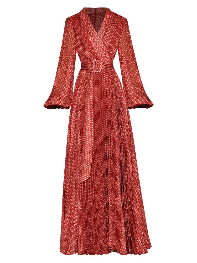 Elegante abito lungo plissettato con scollo a V per la donna sofisticata | ULZZANG BELLA