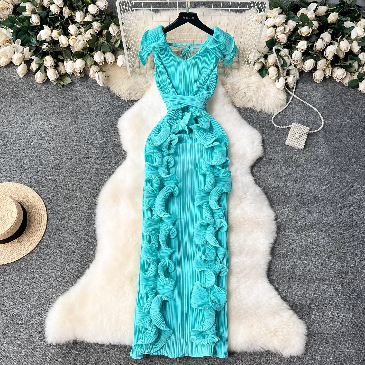 Elegant Ruffled Edge Long Dress with Pleated Detail | ULZZANG BELLA