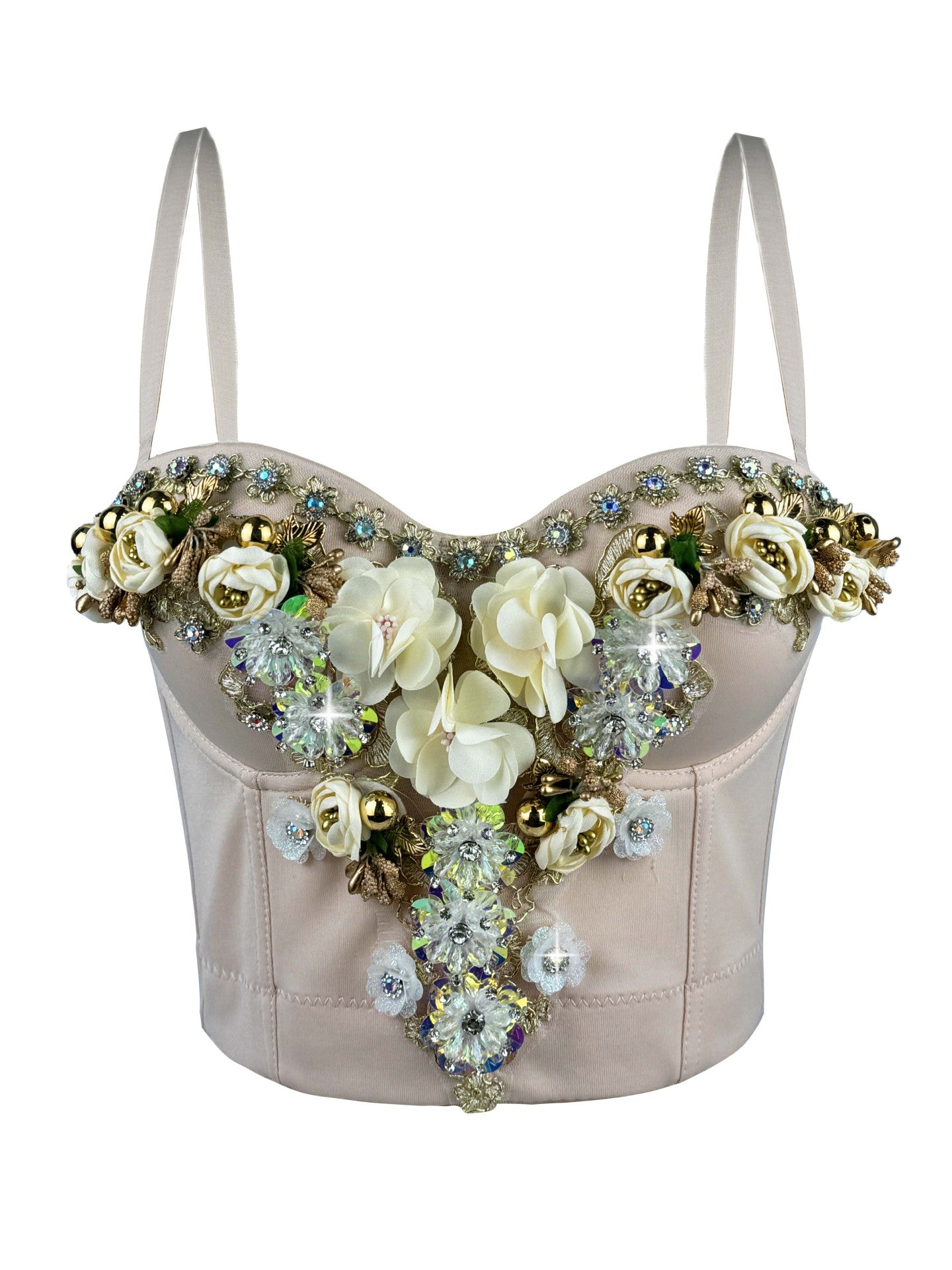 Chic Rhinestone Floral Corset Top with Detachable Straps | ULZZANG BELLA