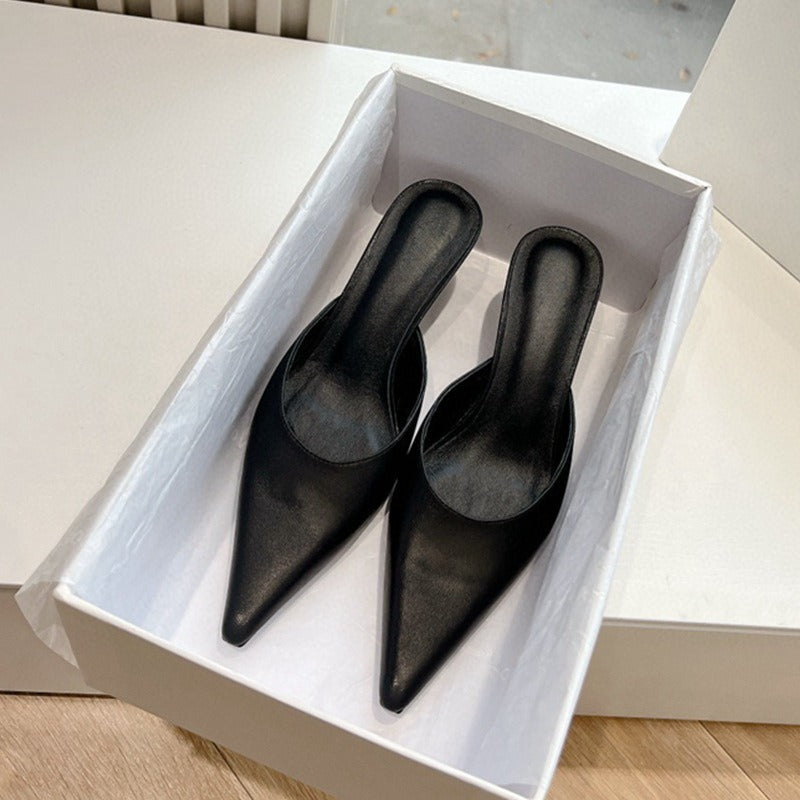 Elegant Pointed Toe Leather Mid-Heel Mules in Classic Shades | ULZZANG BELLA