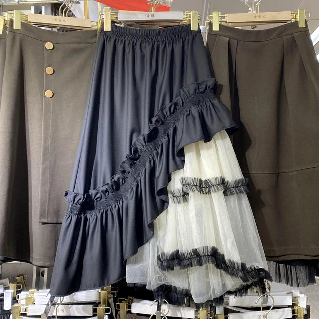 Irregular Mesh Splicing Pompadour Skirt for Autumn Elegance | ULZZANG BELLA
