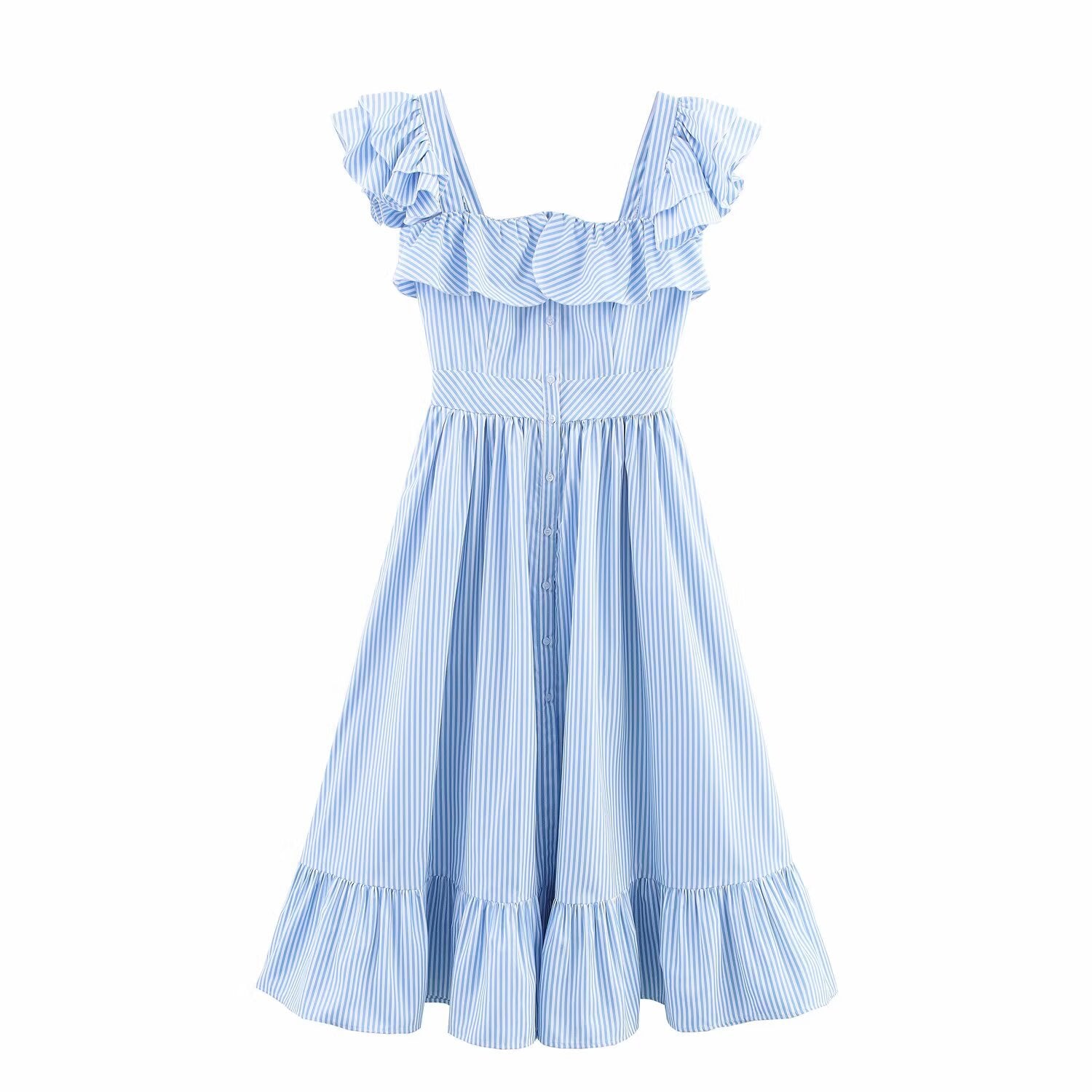 Elegant Striped Ruffle Waist Dress for the Refined Woman | ULZZANG BELLA