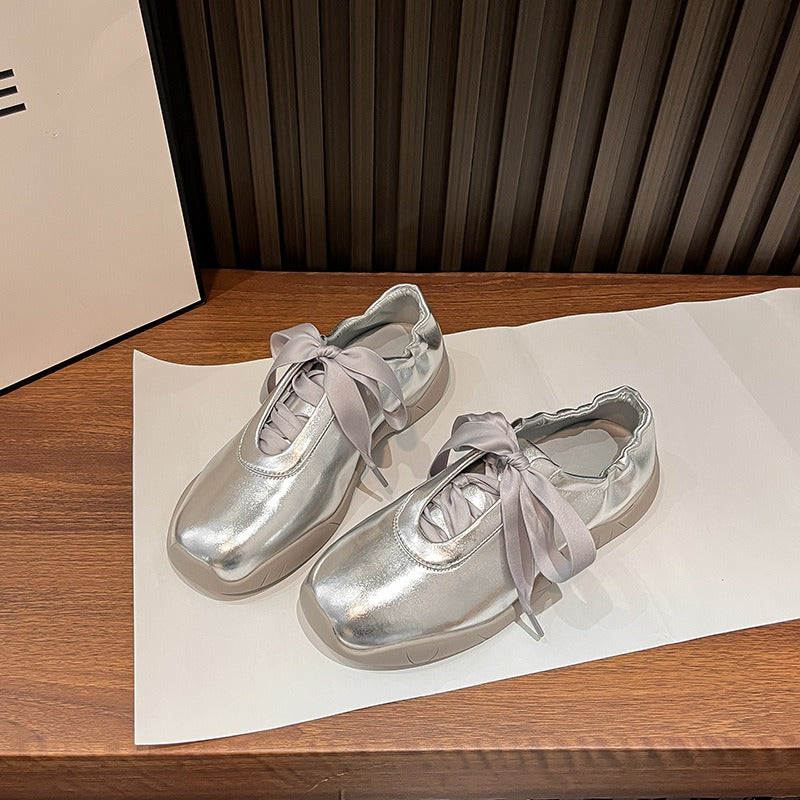 ULZZANG BELLA Silver Ribbon Strap Ballet Flats - Timeless Elegance