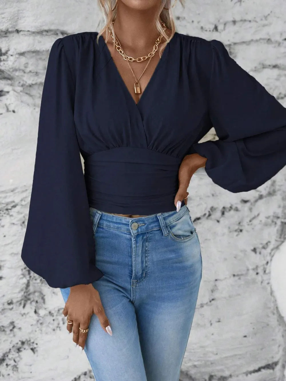 Elegantly Ruched Sheer Smocked Surplice Top with Balloon Sleeves | ULZZANG BELLA