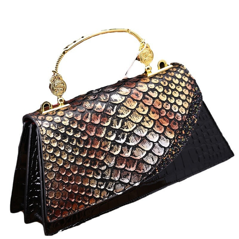 Elegante borsa a tracolla trapezoidale in pelle di serpente nera | ULZZANG BELLA